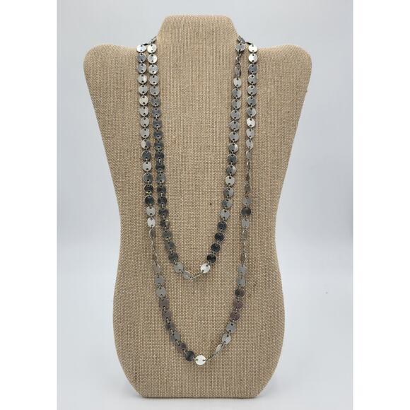 Silver Tone Flat Round Disc Linked Chains Layering Necklace Mod Disco Funky - Picture 1 of 12